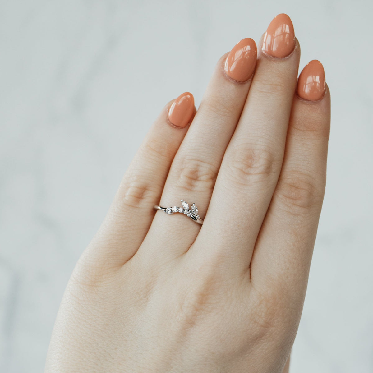 14K White Gold Marquise and Round Wedding Contour Band