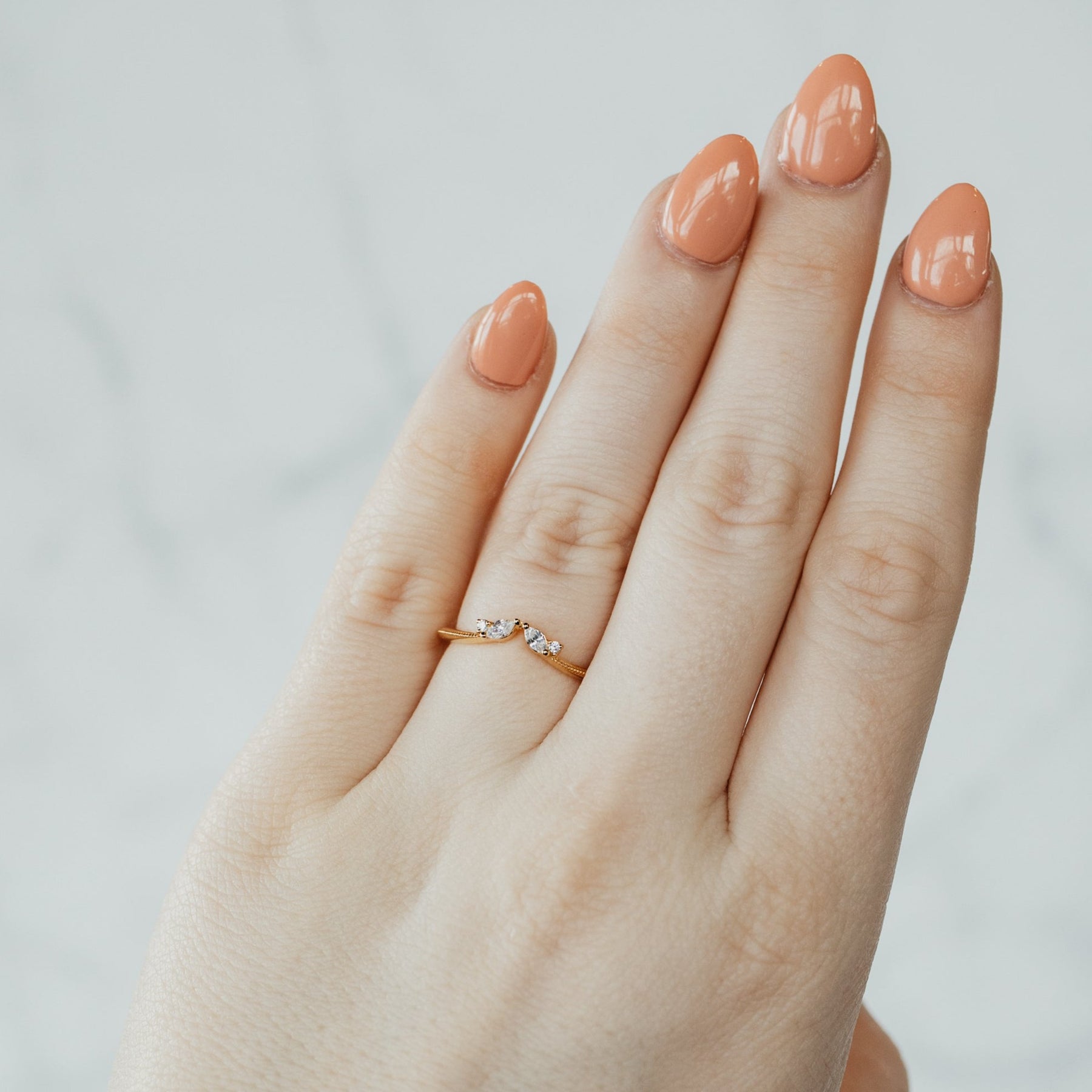 14K Yellow Gold Milgrain Edge Two Stone Diamond Wedding Contour Band