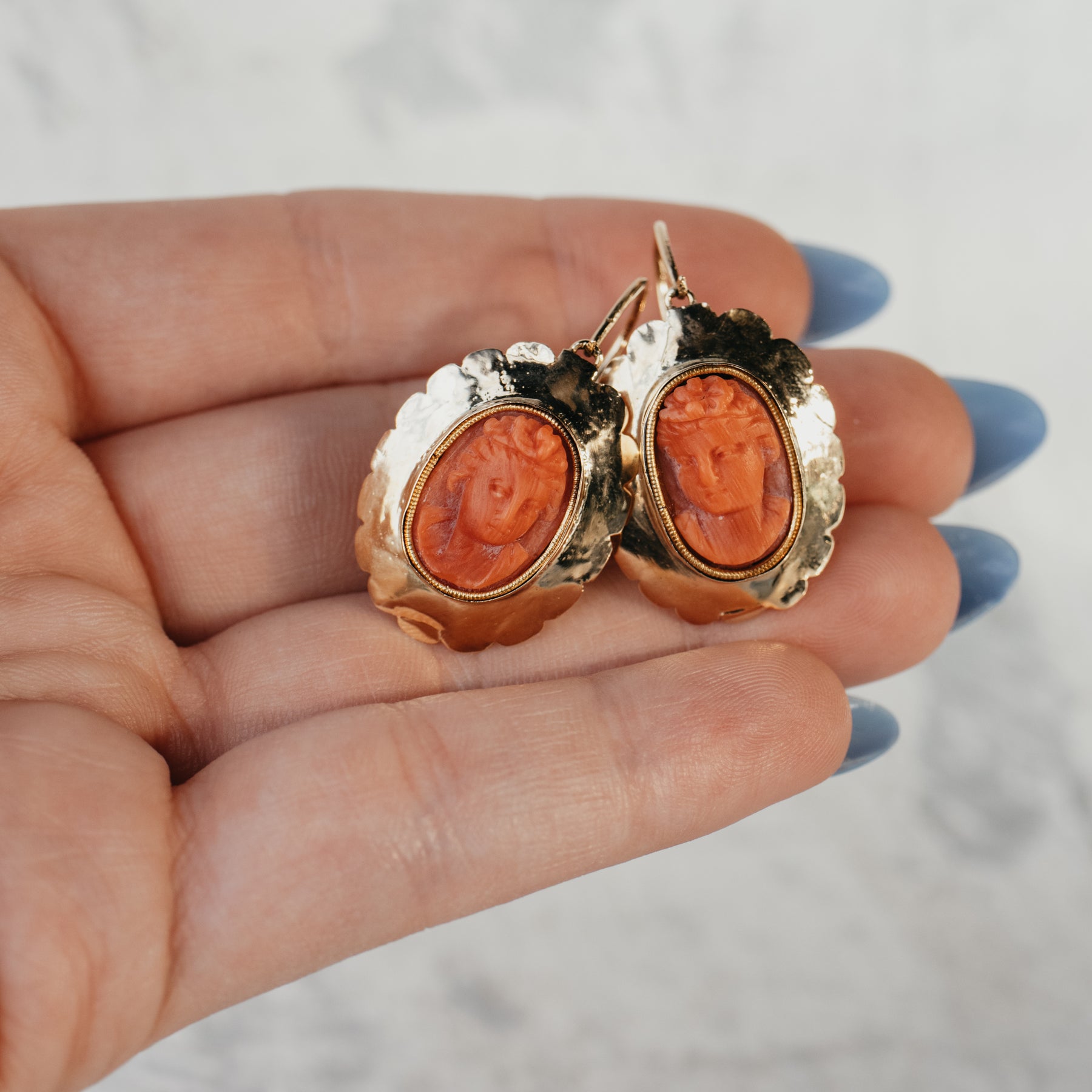 Antique Croatian Coral Cameo Dangle Hook Earrings