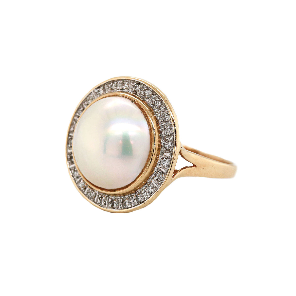 Yellow Gold Mabe Pearl & Diamond Halo Ring