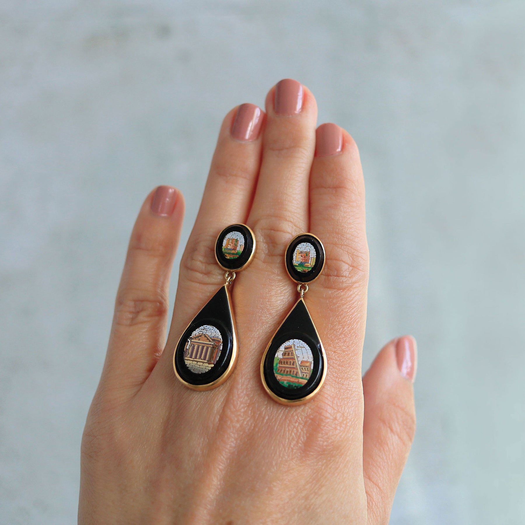 Italian Victorian Era Micro Mosaic Onyx Dangle Earrings