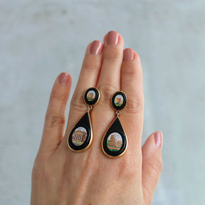 Italian Victorian Era Micro Mosaic Onyx Dangle Earrings