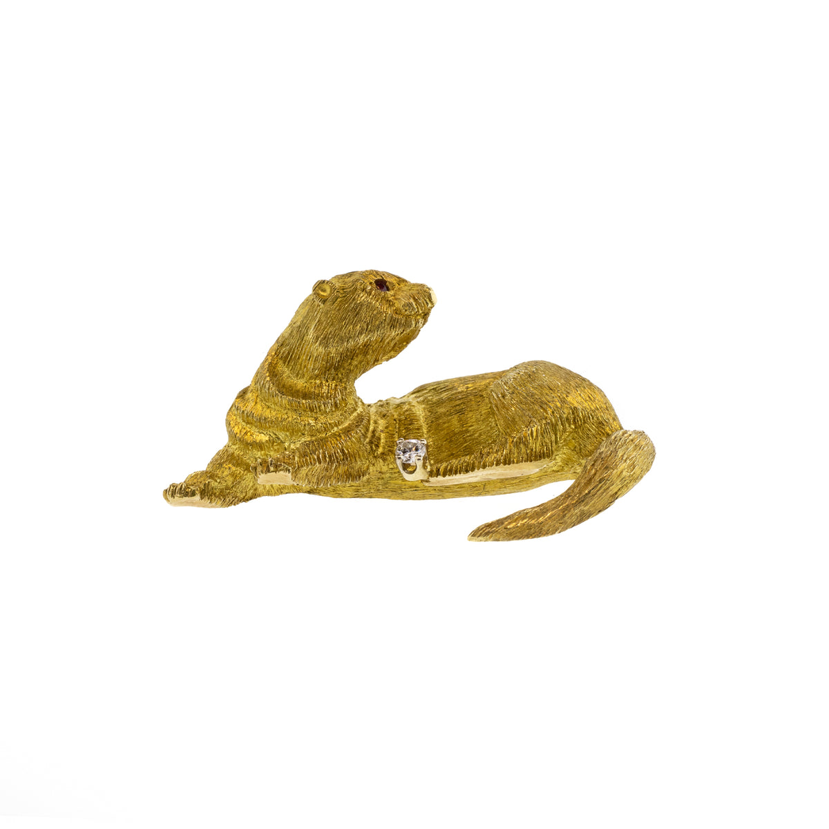 Diamond and Lab Ruby 18K Yellow Gold Otter Pin