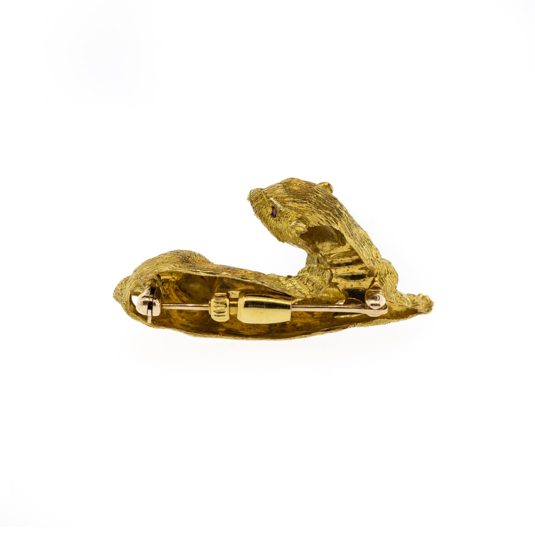 Diamond and Lab Ruby 18K Yellow Gold Otter Pin