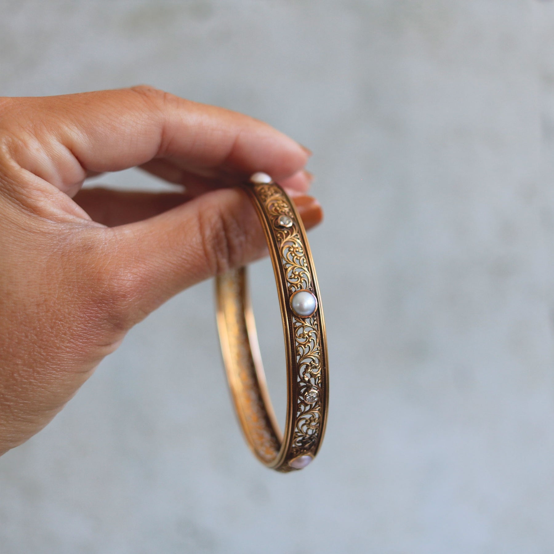 Old Mine Cut Diamond & Pearl Yellow Gold Bangle