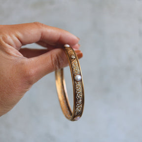 Old Mine Cut Diamond & Pearl Yellow Gold Bangle