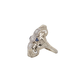 Art Deco Navette Old European Cut Diamond & Synthetic Sapphire Platinum Ring