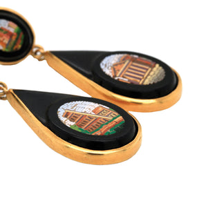 Italian Victorian Era Micro Mosaic Onyx Dangle Earrings