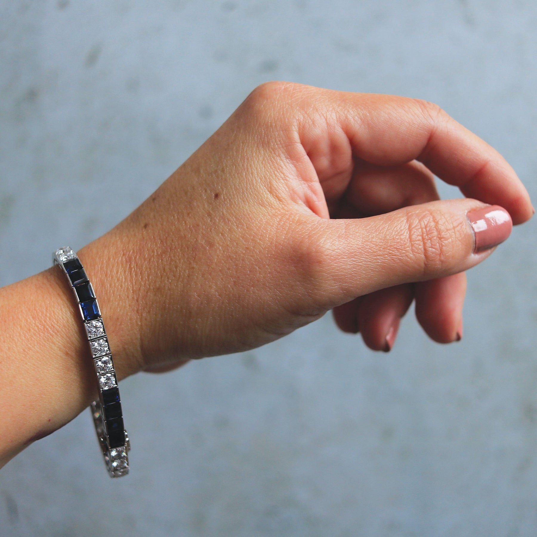 Mid-Century Blue Sapphire & Diamond Platinum Line Bracelet