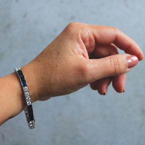Mid-Century Blue Sapphire & Diamond Platinum Line Bracelet