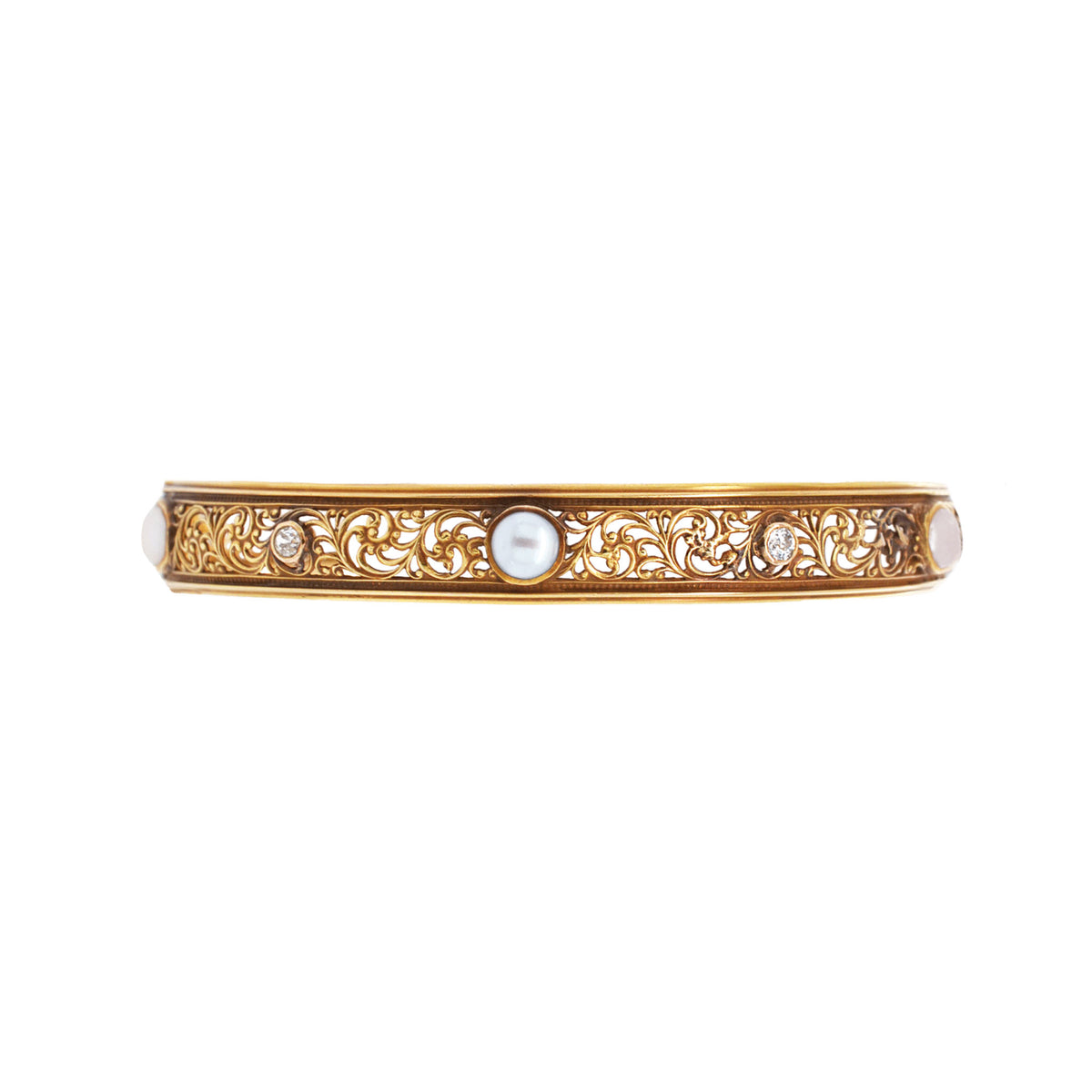 Old Mine Cut Diamond & Pearl Yellow Gold Bangle