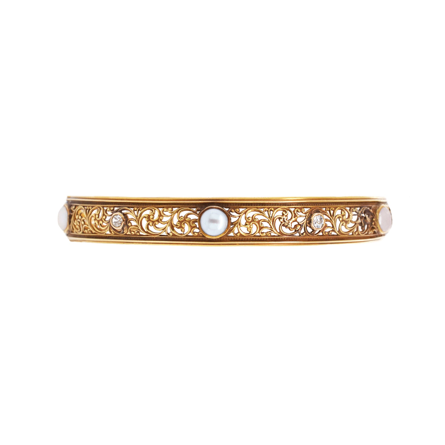 Old Mine Cut Diamond & Pearl Yellow Gold Bangle