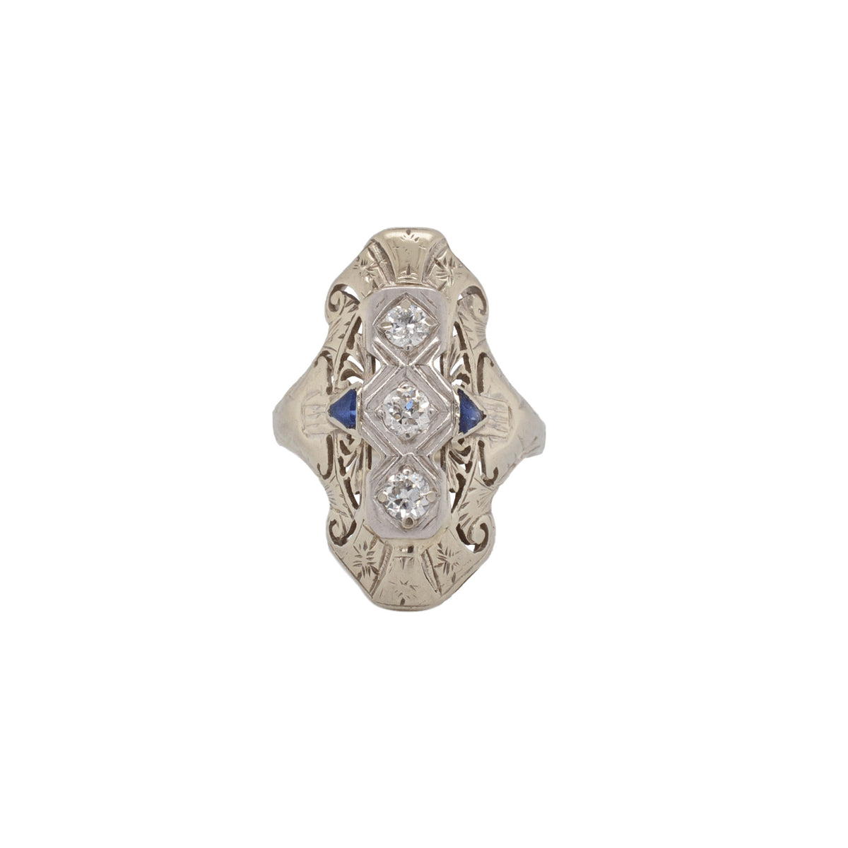 Art Deco Navette Old European Cut Diamond & Synthetic Sapphire Platinum Ring