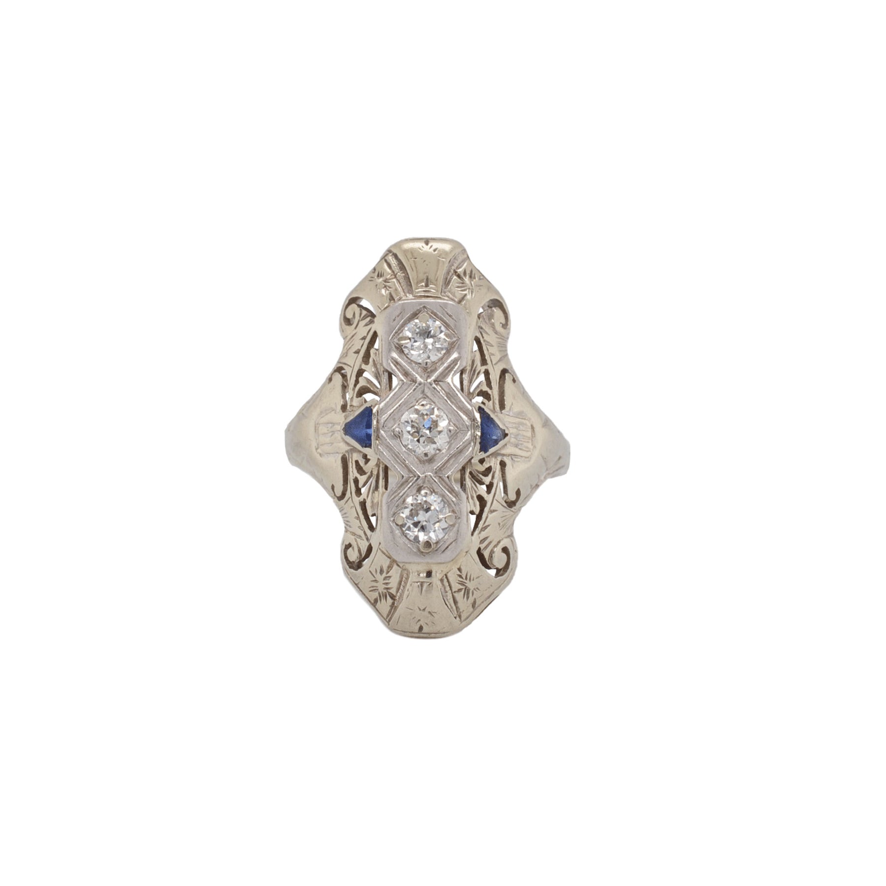 Art Deco Navette Old European Cut Diamond & Synthetic Sapphire Platinum Ring