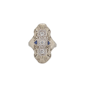 Art Deco Navette Old European Cut Diamond & Synthetic Sapphire Platinum Ring