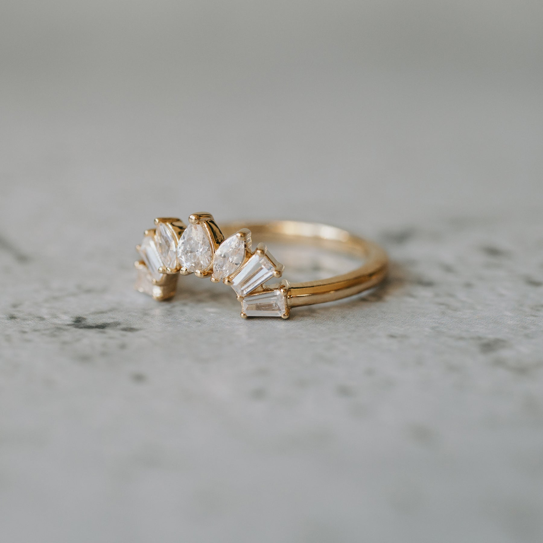 14K Yellow Gold Pear And Marquise Cut Diamond Halo Contour Wedding Band